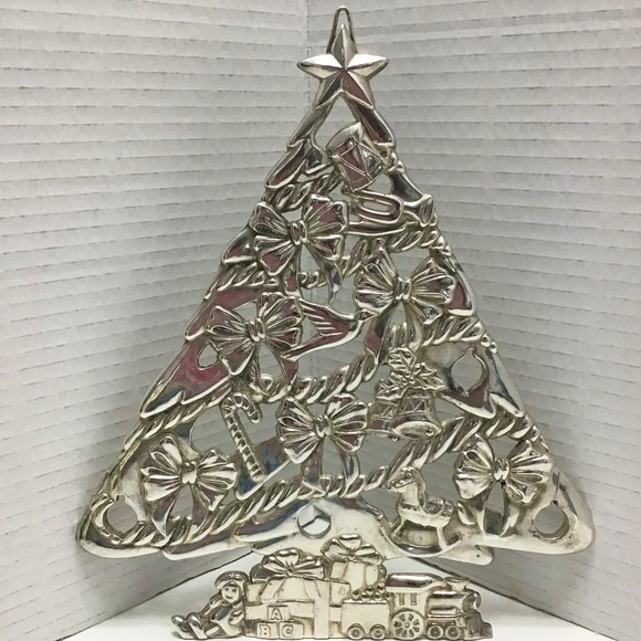 Silver Plated Metal Hanging Christmas Tree Trivet Train Doll Drum Bugle - Picture 1 of 6